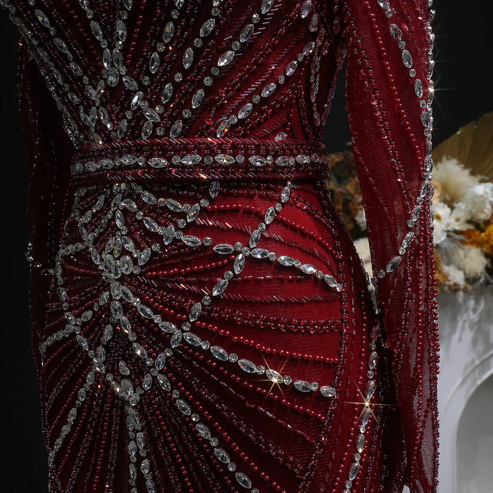 Elegant Wine Red Crystal Beaded Prom Dress with Long Sleeves SS186