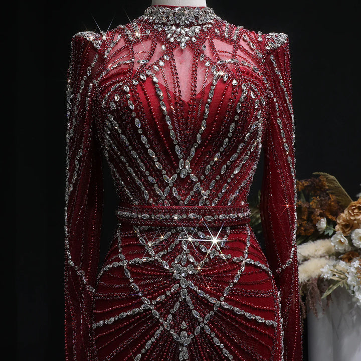 Elegant Wine Red Crystal Beaded Prom Dress with Long Sleeves SS186