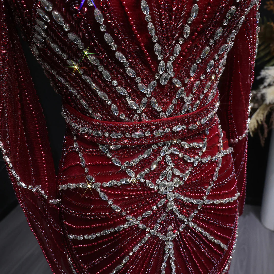 Elegant Wine Red Crystal Beaded Prom Dress with Long Sleeves SS186
