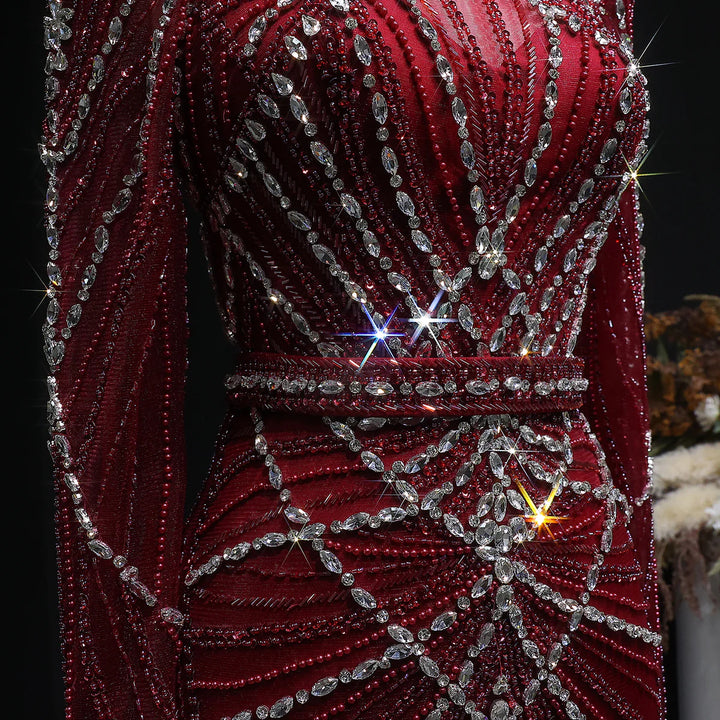 Elegant Wine Red Crystal Beaded Prom Dress with Long Sleeves SS186