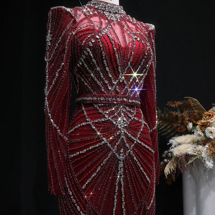 Elegant Wine Red Crystal Beaded Prom Dress with Long Sleeves SS186