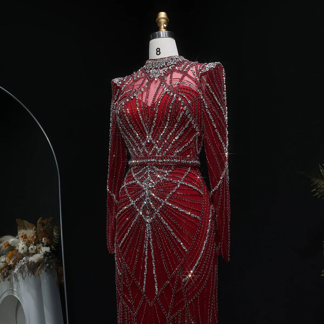 Elegant Wine Red Crystal Beaded Prom Dress with Long Sleeves SS186