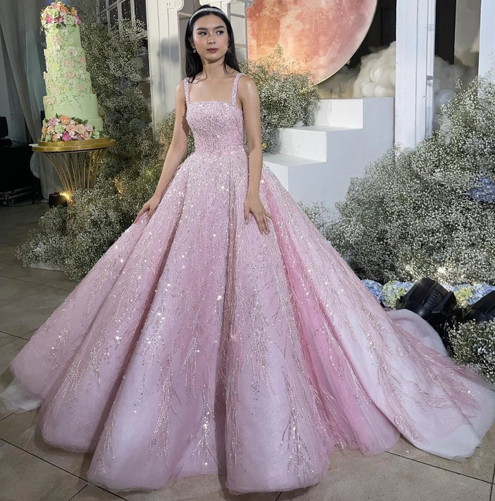 Elegant Pink Beaded Sequin A-Line Sleeveless Evening Dress SS702