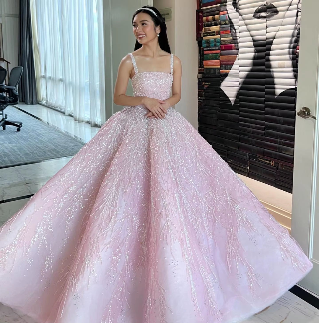 Elegant Pink Beaded Sequin A-Line Sleeveless Evening Dress SS702