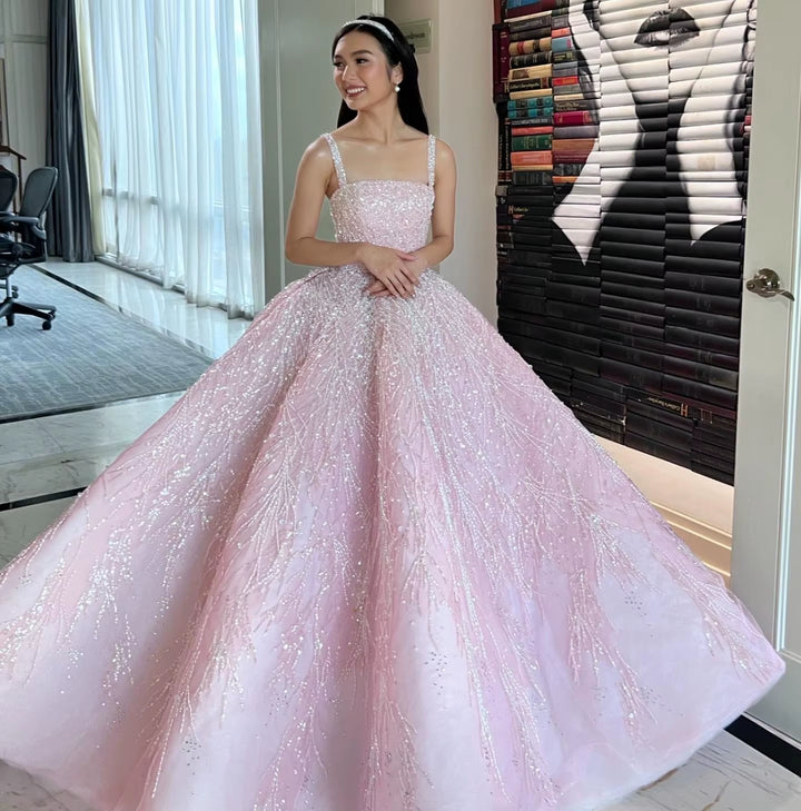 Elegant Pink Beaded Sequin A-Line Sleeveless Evening Dress SS702