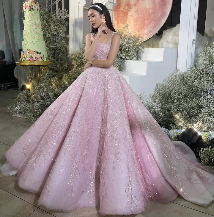 Elegant Pink Beaded Sequin A-Line Sleeveless Evening Dress SS702