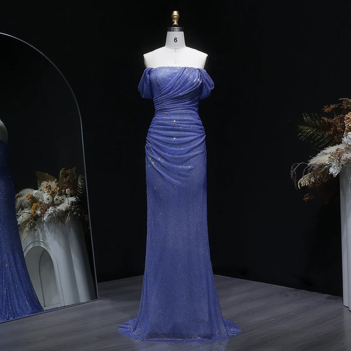 Luxury Blue Off-Shoulder Ruched Prom Dress SS671