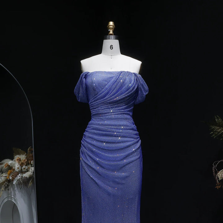 Luxury Blue Off-Shoulder Ruched Prom Dress SS671