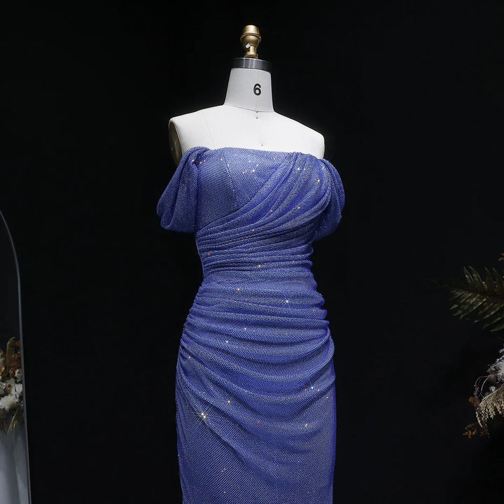 Luxury Blue Off-Shoulder Ruched Prom Dress SS671
