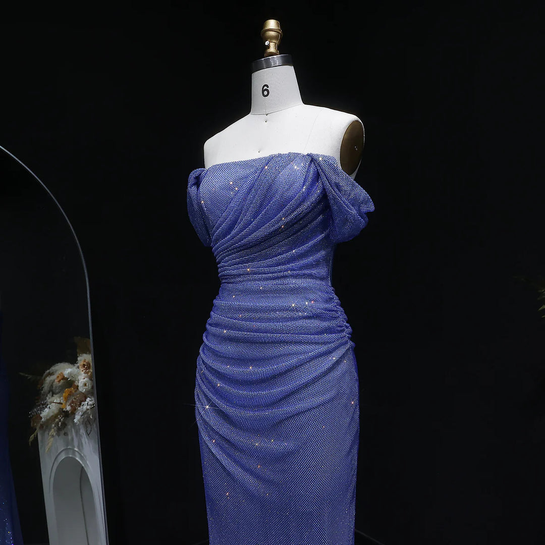 Luxury Blue Off-Shoulder Ruched Prom Dress SS671