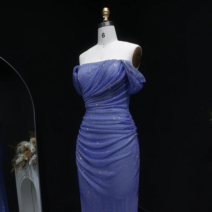Luxury Blue Off-Shoulder Ruched Prom Dress SS671