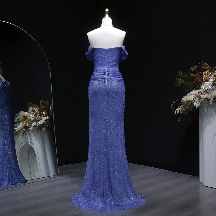 Luxury Blue Off-Shoulder Ruched Prom Dress SS671