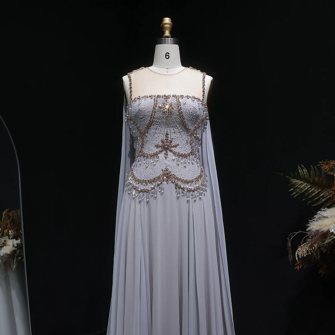Luxury Silver Gray Beaded Crystal Prom Dress with Flowing Cape SS517