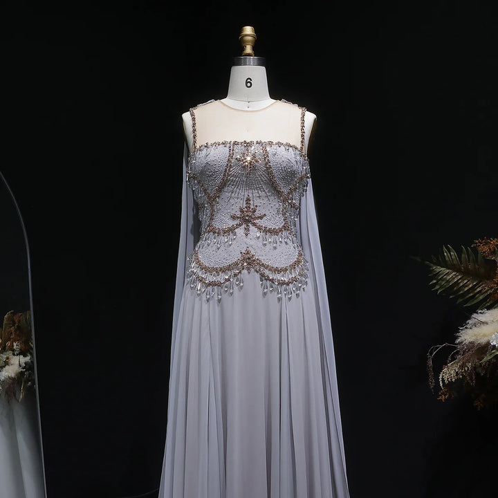 Luxury Silver Gray Beaded Crystal Prom Dress with Flowing Cape SS517