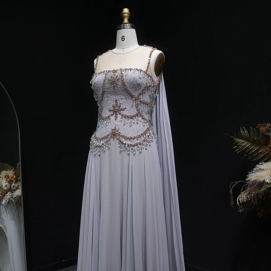 Luxury Silver Gray Beaded Crystal Prom Dress with Flowing Cape SS517