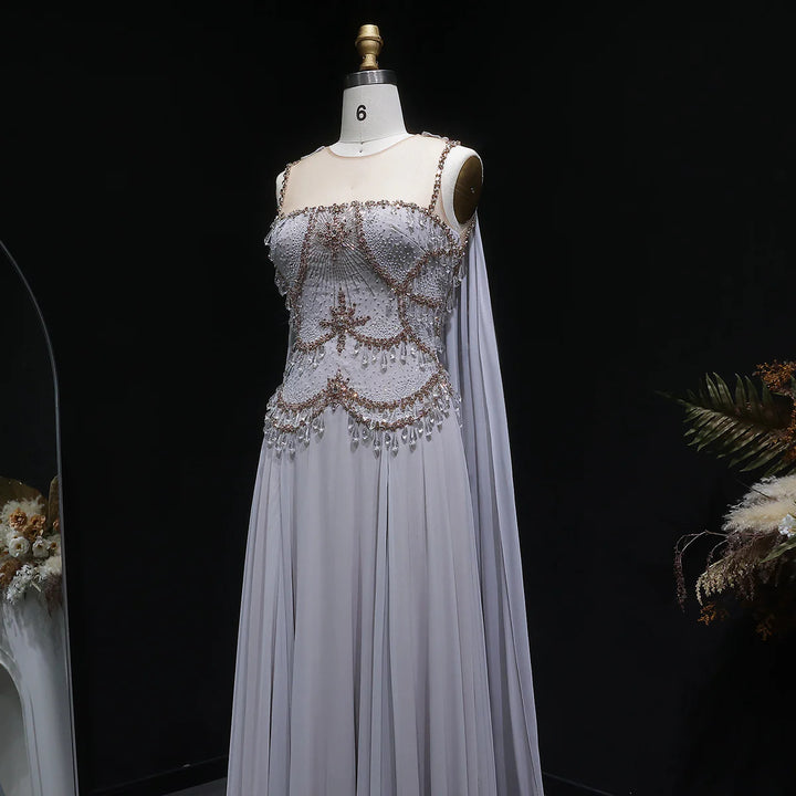 Luxury Silver Gray Beaded Crystal Prom Dress with Flowing Cape SS517