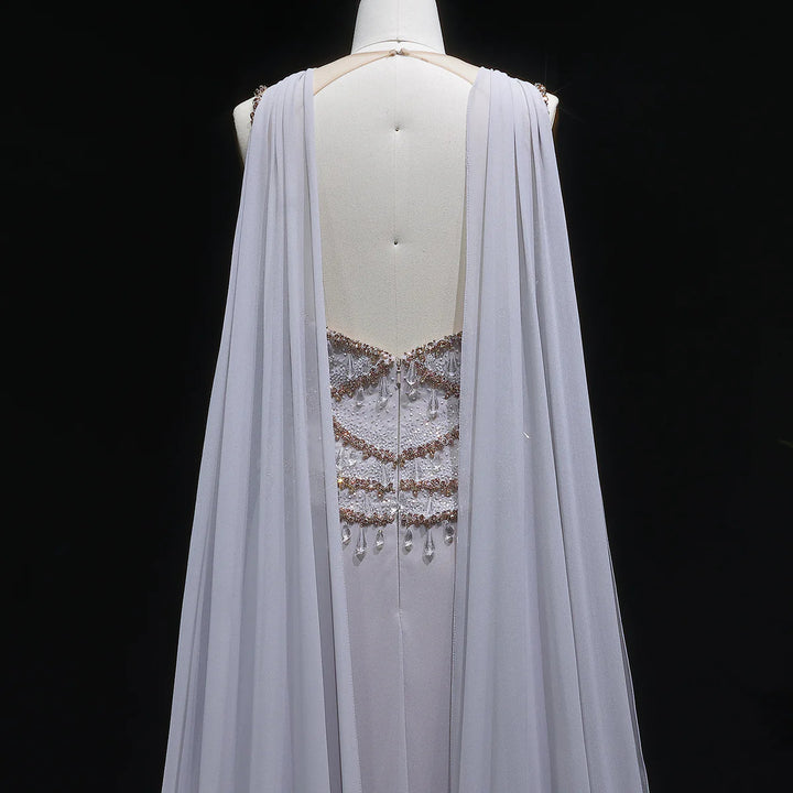 Luxury Silver Gray Beaded Crystal Prom Dress with Flowing Cape SS517