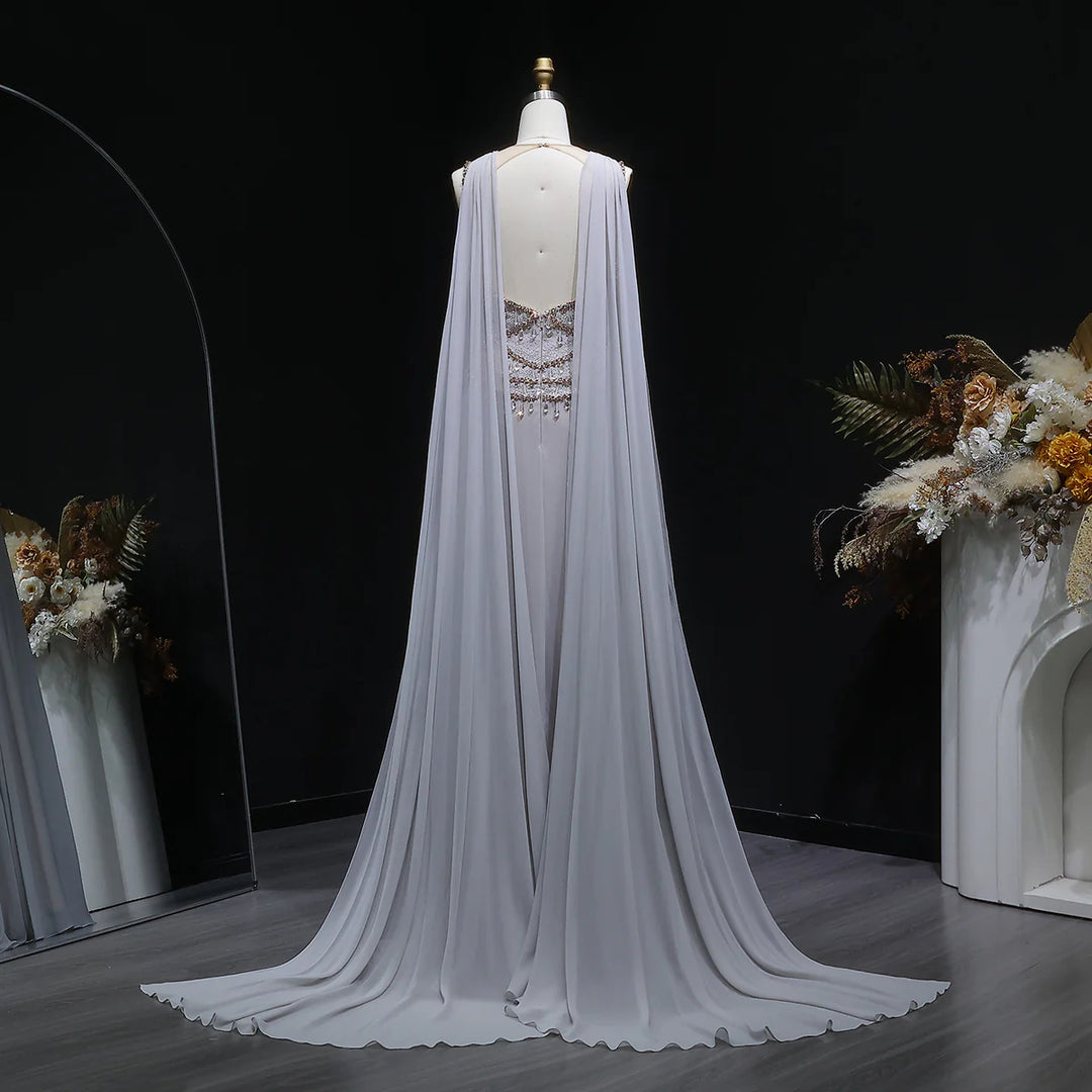 Luxury Silver Gray Beaded Crystal Prom Dress with Flowing Cape SS517