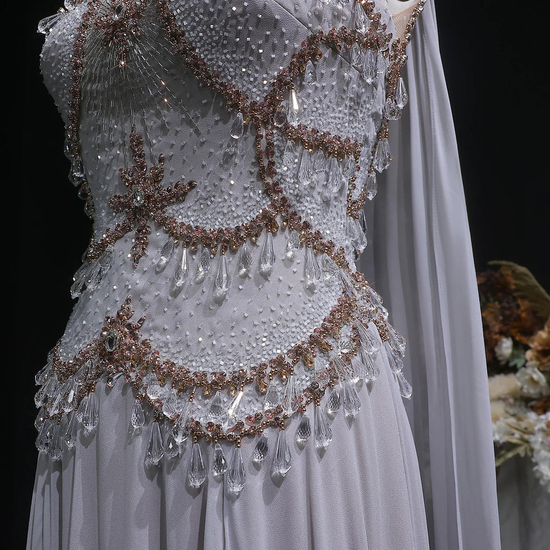 Luxury Silver Gray Beaded Crystal Prom Dress with Flowing Cape SS517