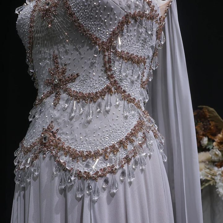 Luxury Silver Gray Beaded Crystal Prom Dress with Flowing Cape SS517