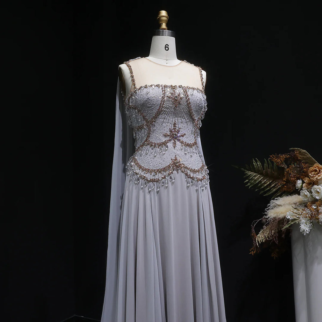 Luxury Silver Gray Beaded Crystal Prom Dress with Flowing Cape SS517
