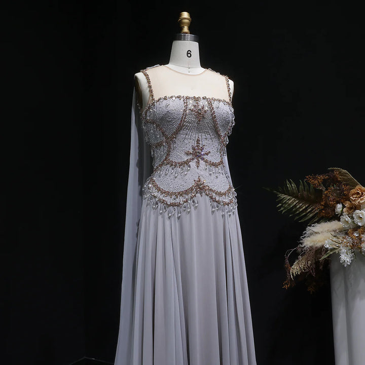 Luxury Silver Gray Beaded Crystal Prom Dress with Flowing Cape SS517