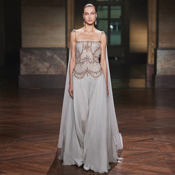 Luxury Silver Gray Beaded Crystal Prom Dress with Flowing Cape SS517