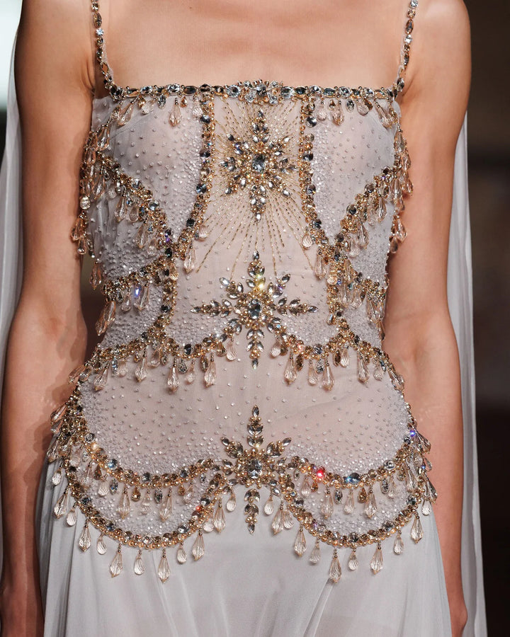 Luxury Silver Gray Beaded Crystal Prom Dress with Flowing Cape SS517