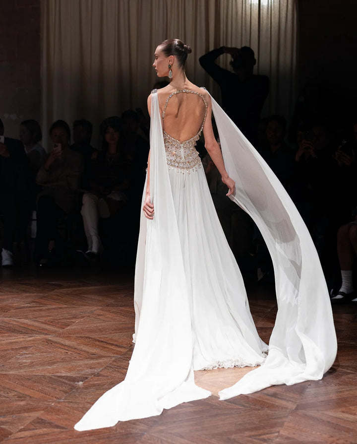 Luxury Silver Gray Beaded Crystal Prom Dress with Flowing Cape SS517