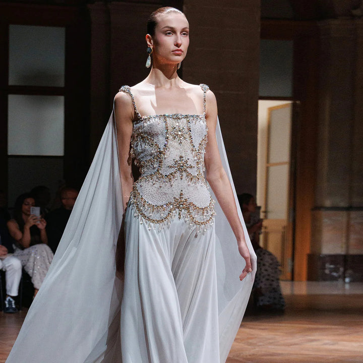 Luxury Silver Gray Beaded Crystal Prom Dress with Flowing Cape SS517