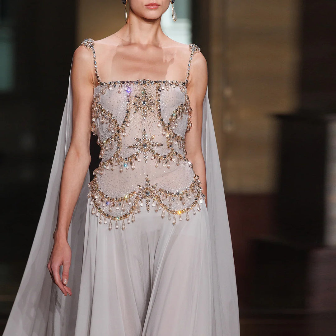 Luxury Silver Gray Beaded Crystal Prom Dress with Flowing Cape SS517