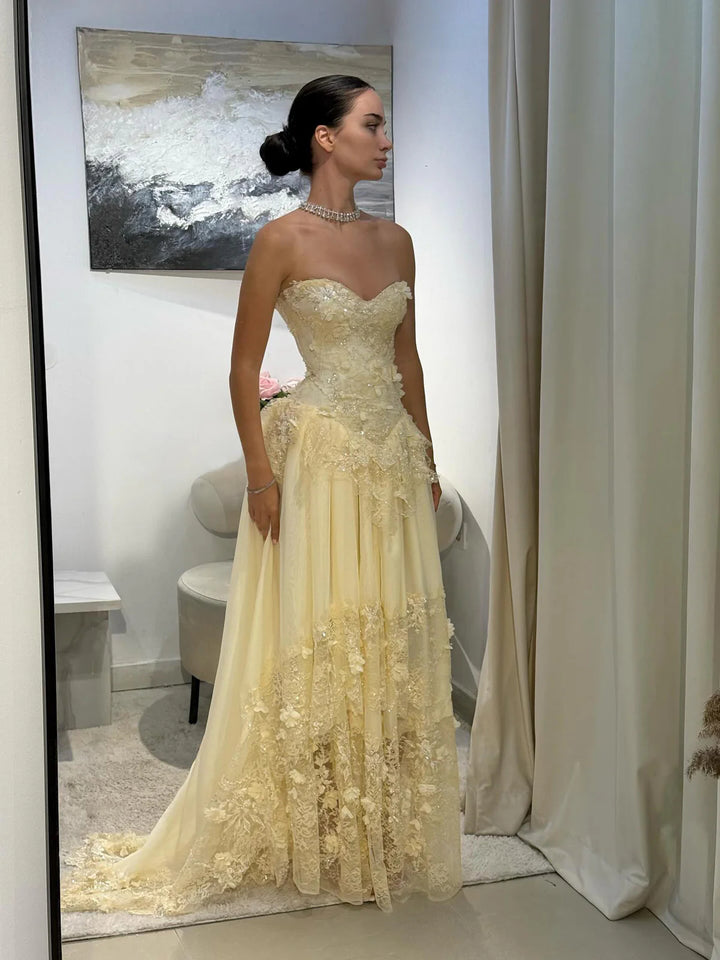 Elegant Yellow Floral Strapless with Train Evening Dress SS654