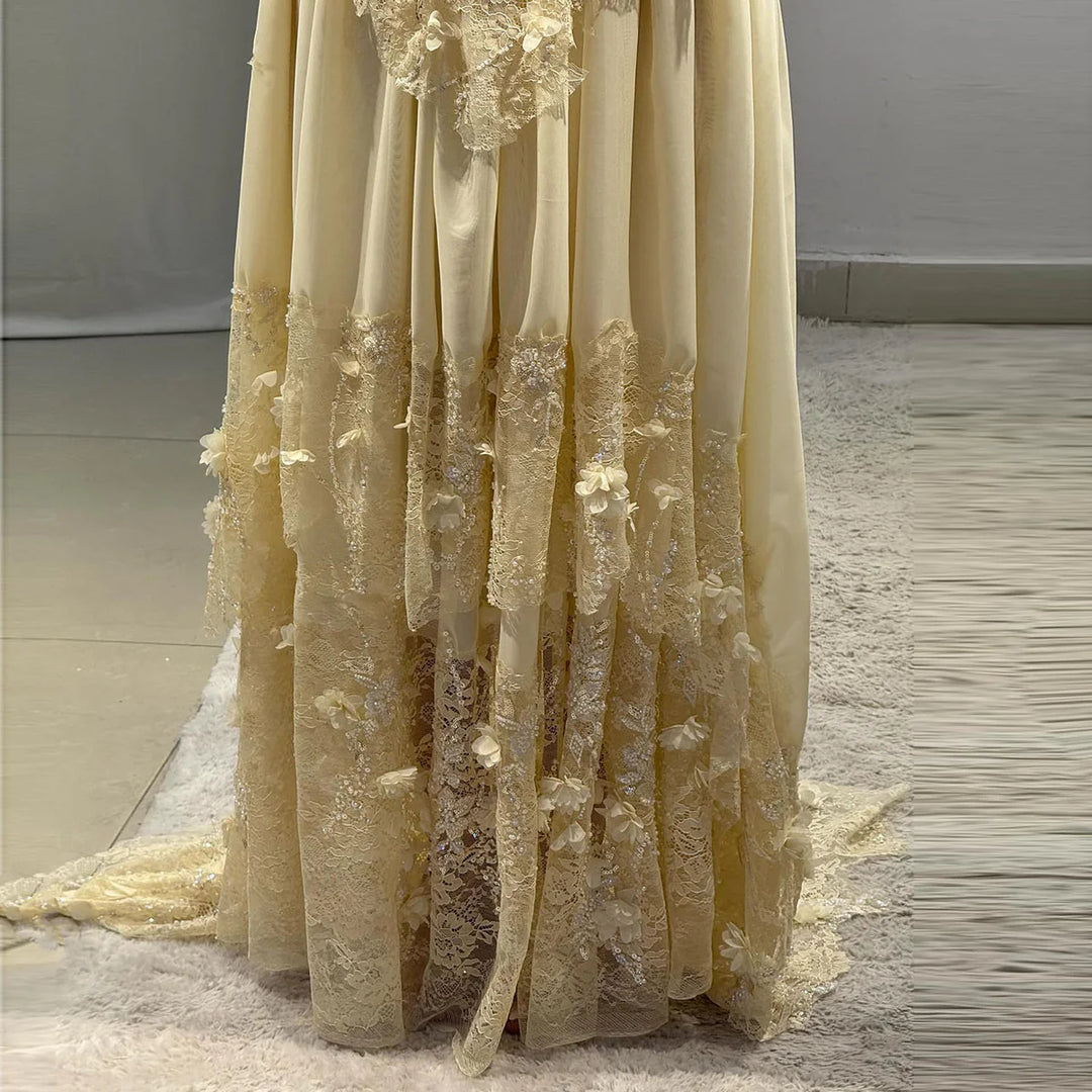 Elegant Yellow Floral Strapless with Train Evening Dress SS654