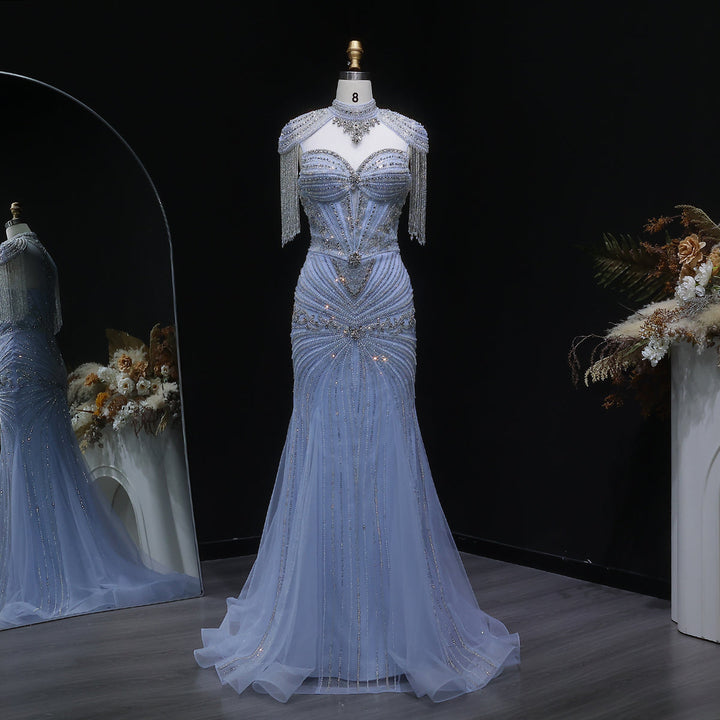 Elegant Blue Crystal Prom Dress with Shoulder Tassel Cape SS190