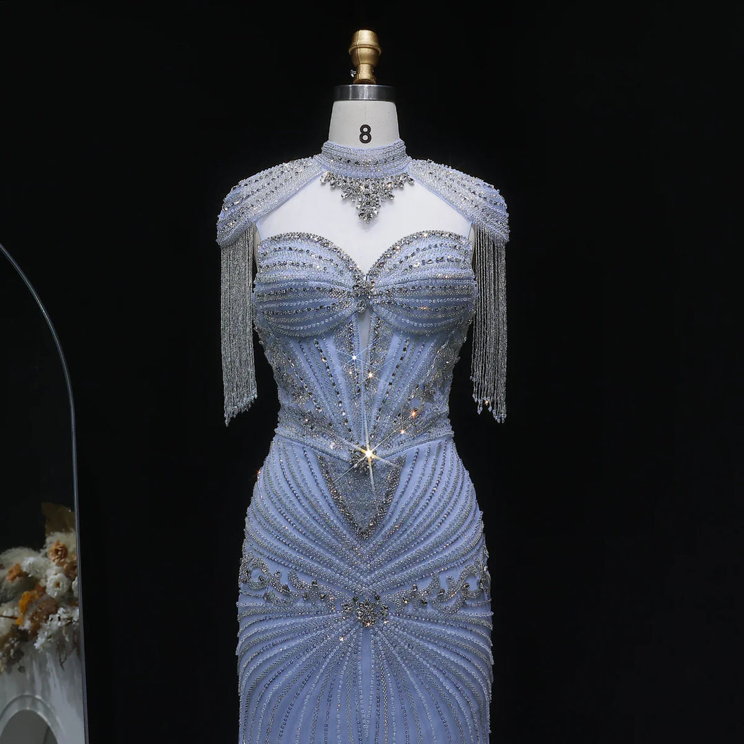 Elegant Blue Crystal Prom Dress with Shoulder Tassel Cape SS190