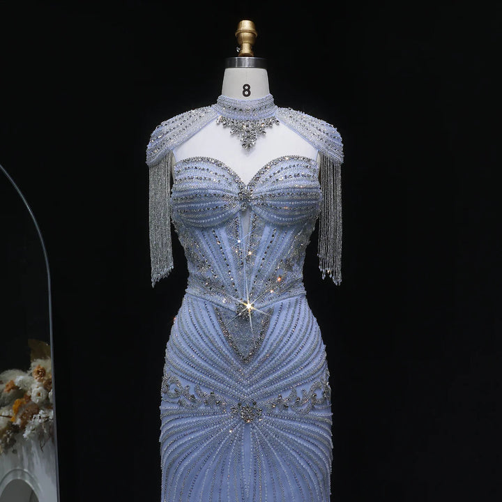 Elegant Blue Crystal Prom Dress with Shoulder Tassel Cape SS190