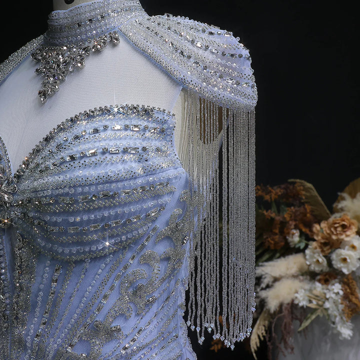 Elegant Blue Crystal Prom Dress with Shoulder Tassel Cape SS190