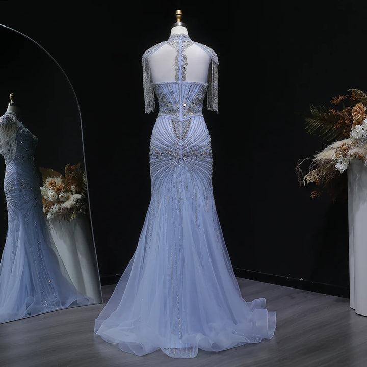 Elegant Blue Crystal Prom Dress with Shoulder Tassel Cape SS190