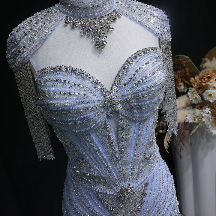 Elegant Blue Crystal Prom Dress with Shoulder Tassel Cape SS190