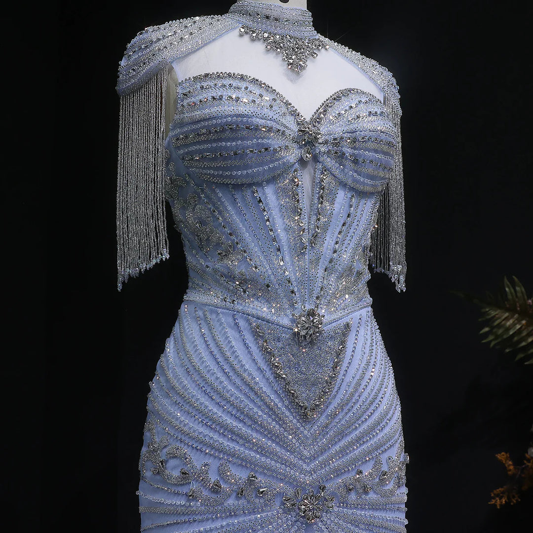 Elegant Blue Crystal Prom Dress with Shoulder Tassel Cape SS190