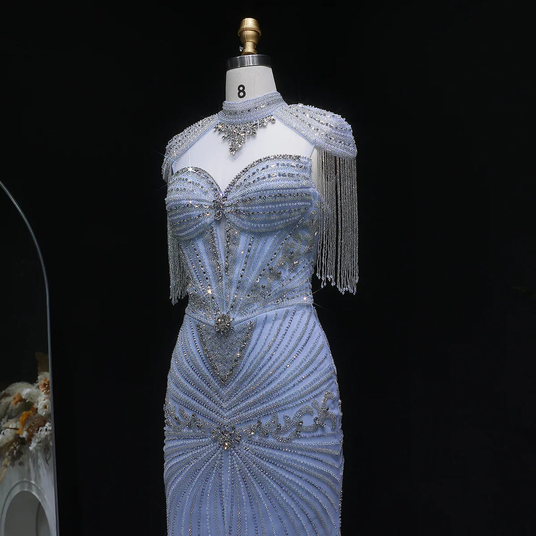 Elegant Blue Crystal Prom Dress with Shoulder Tassel Cape SS190