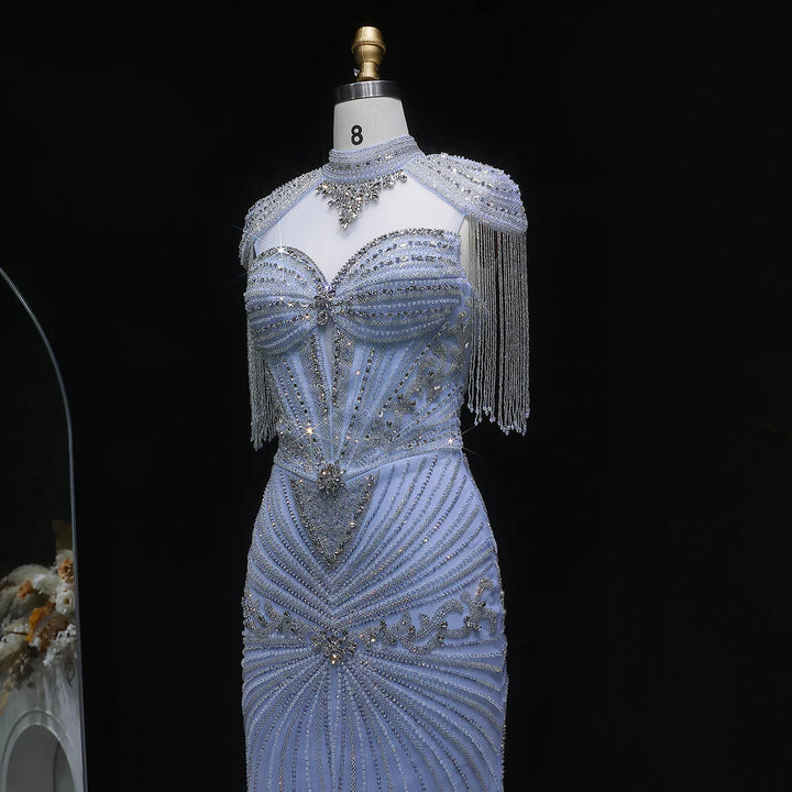 Elegant Blue Crystal Prom Dress with Shoulder Tassel Cape SS190