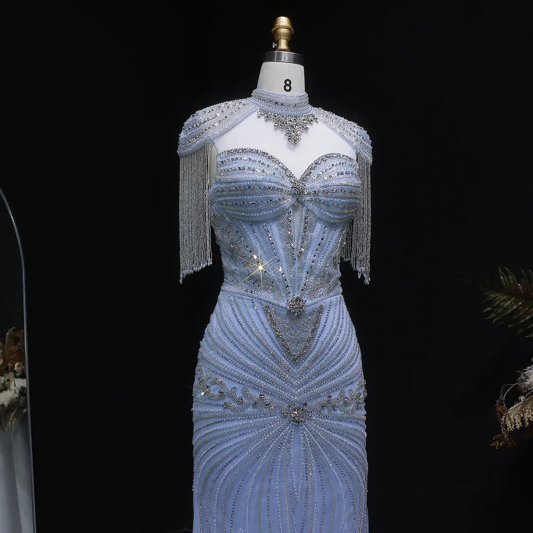 Elegant Blue Crystal Prom Dress with Shoulder Tassel Cape SS190