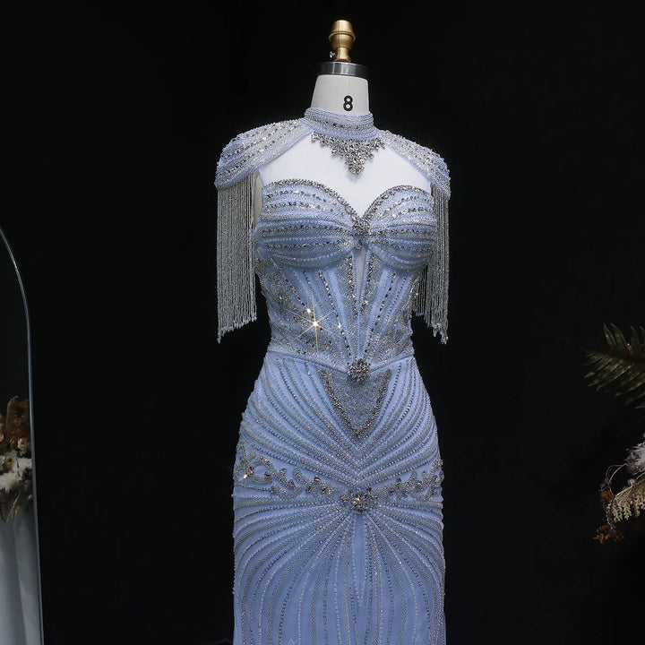 Elegant Blue Crystal Prom Dress with Shoulder Tassel Cape SS190