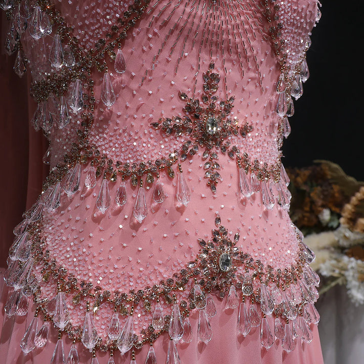 Luxury Silver Gray Beaded Crystal Prom Dress with Flowing Cape SS517