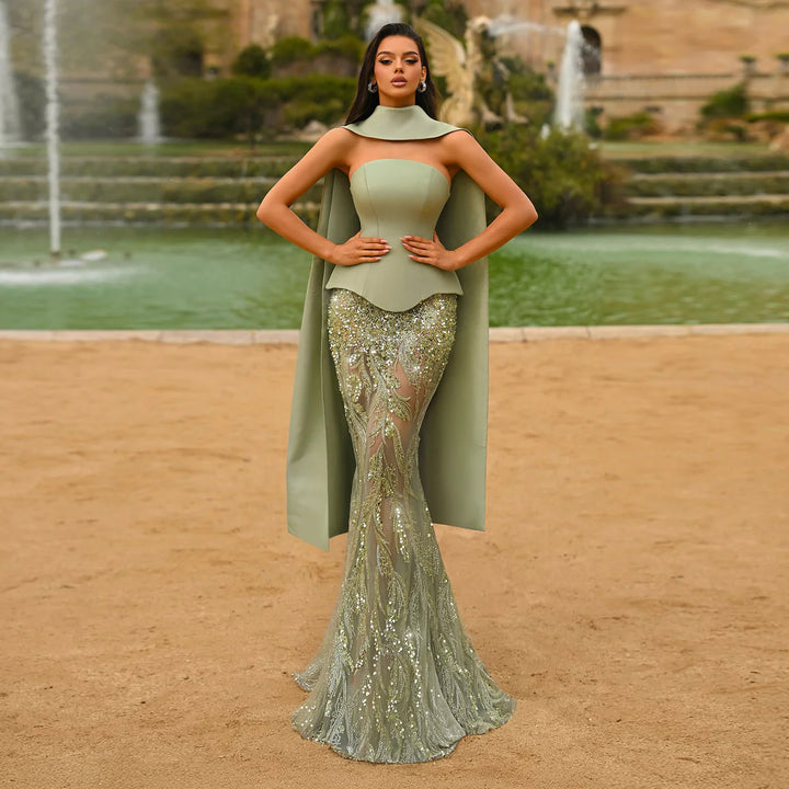 Elegant Sage Green Sequin 2 Pieces Prom Dress with Scarf SS616