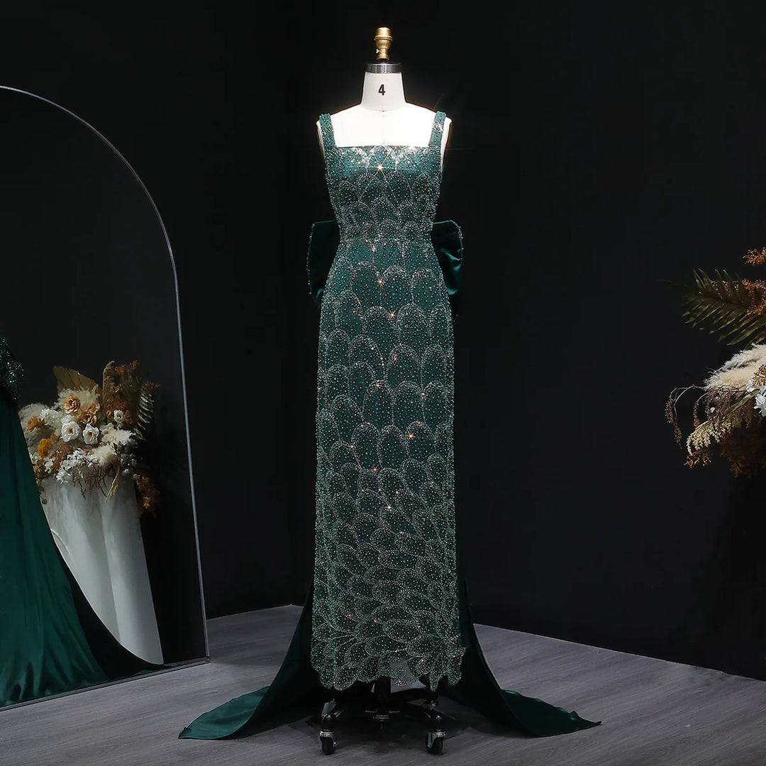 Elegant Emerald Green Beaded Gown with Bow Train Evening Dress SS648