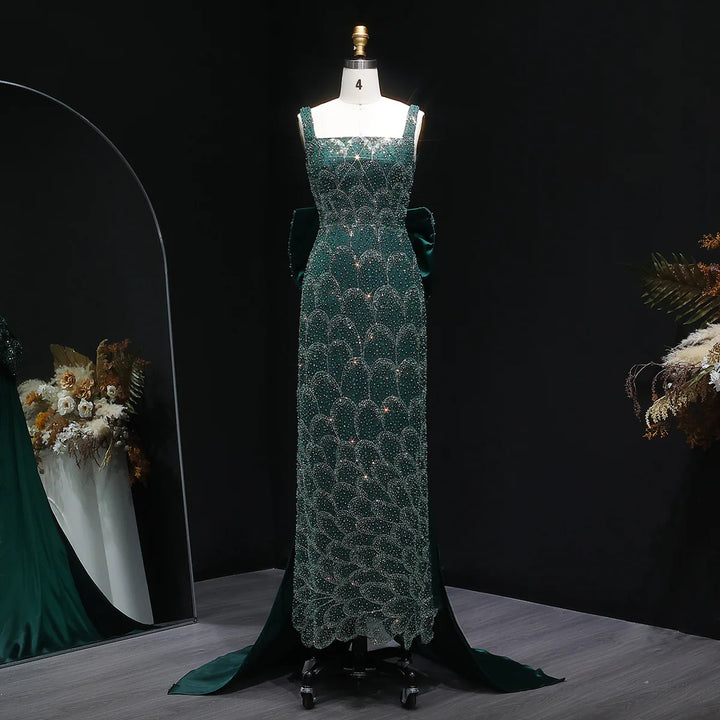 Elegant Emerald Green Beaded Gown with Bow Train Evening Dress SS648