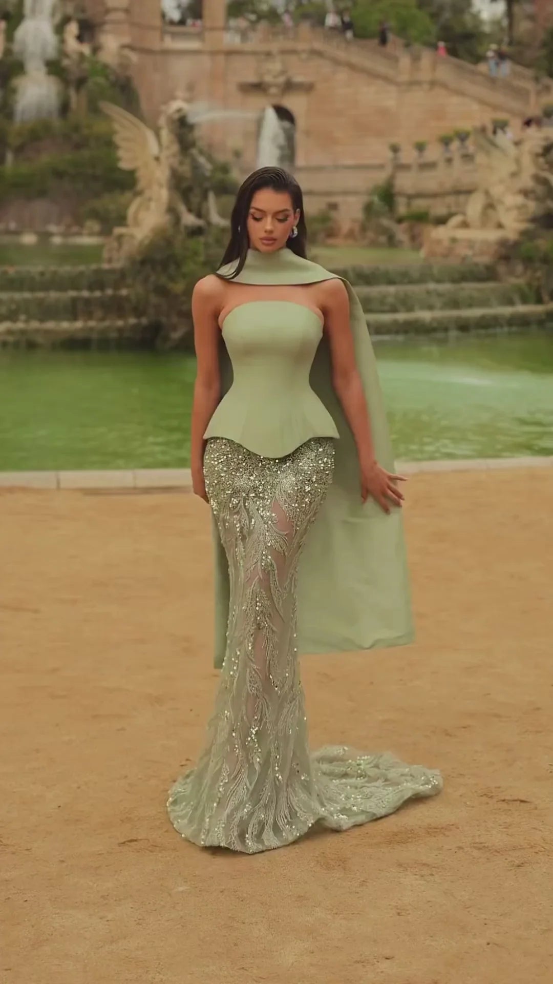 Elegant Sage Green Sequin 2 Pieces Prom Dress with Scarf SS616