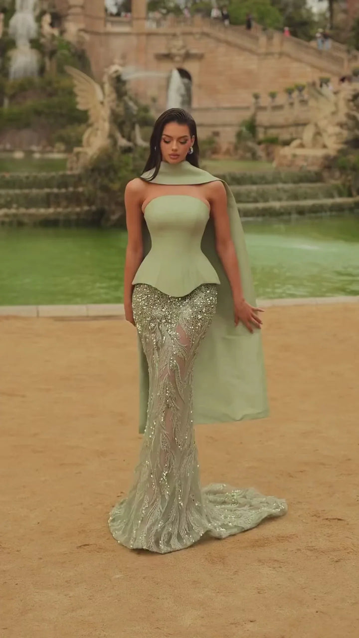 Elegant Sage Green Sequin 2 Pieces Prom Dress with Scarf SS616